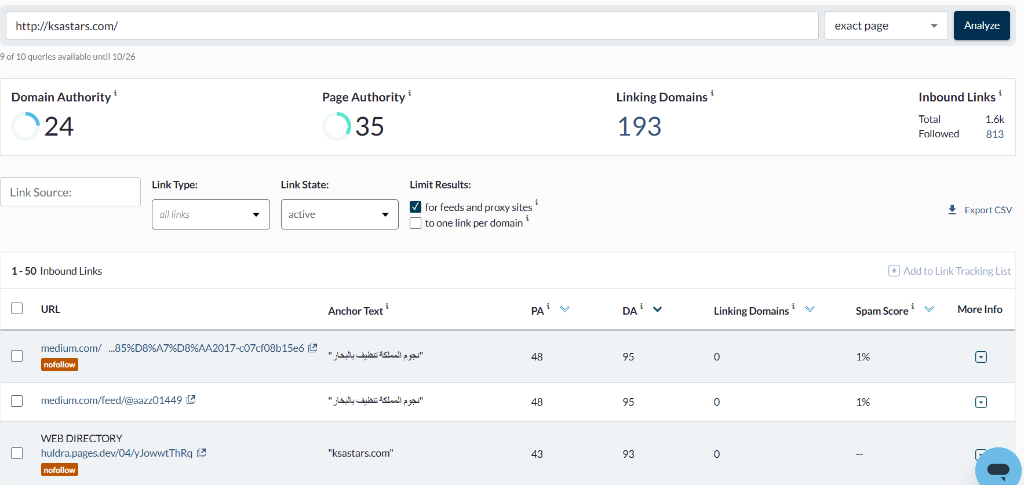 Moz Link Explorer Proof for ksastars.com showing DA 24 PA 35